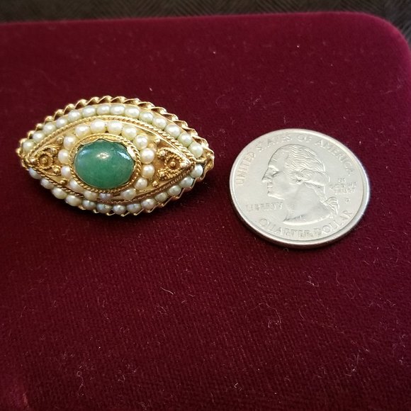 Vintage 14K Jade & Seed Pearl Brooch - Picture 3 of 5